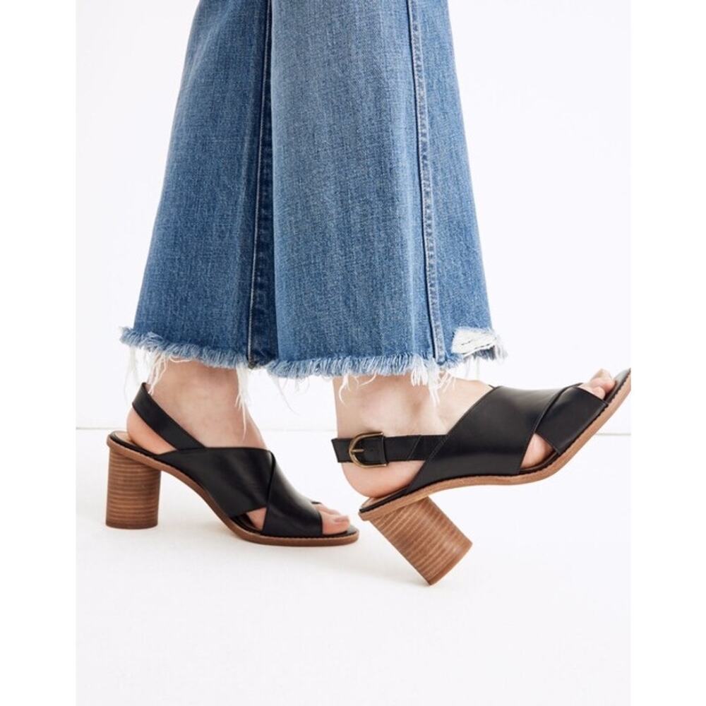 Madewell Ruthie Crisscross Sandals Black Leather Size 9 Slingback Stacked Heel